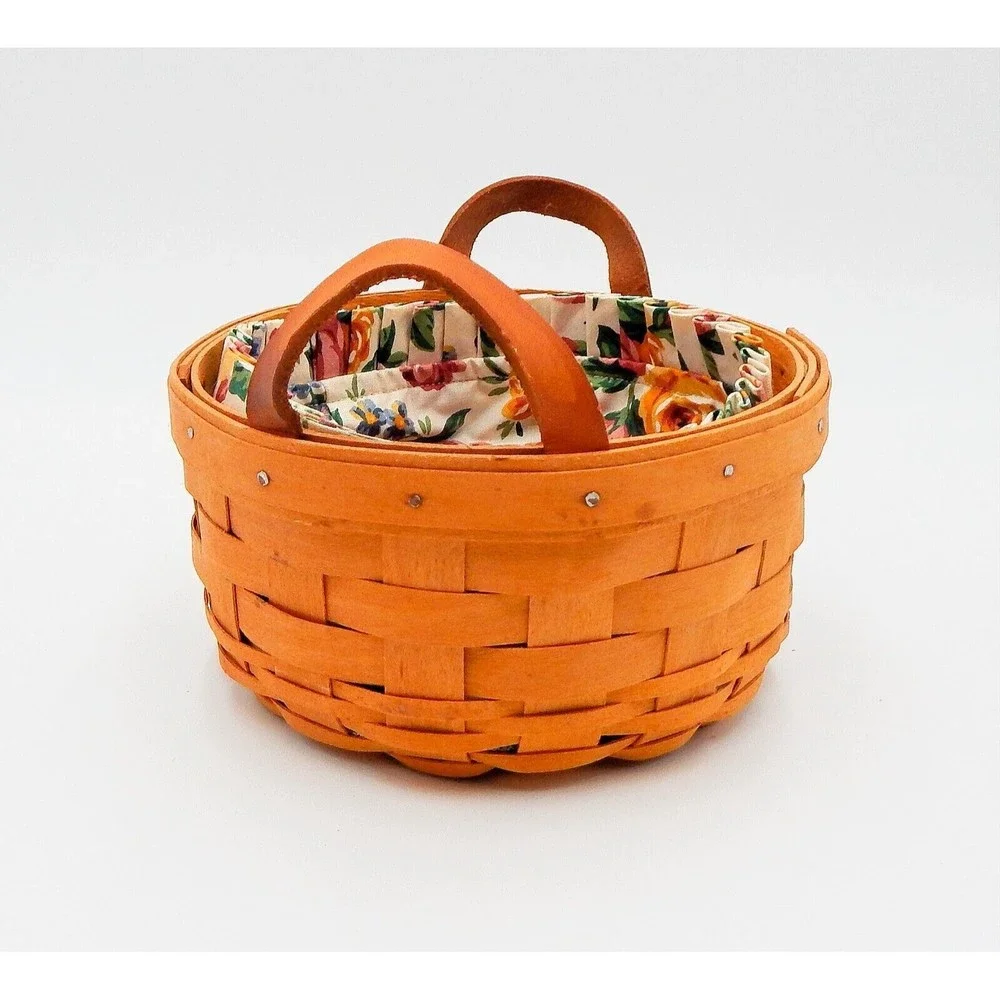 Longerberger 1996 Round Basket Leather Handles Fabric Liner and Warming Brick